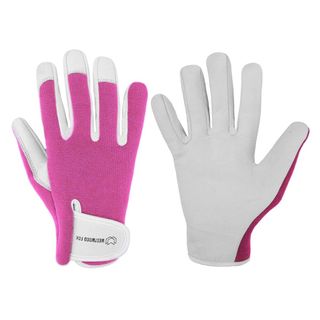 pink and white gardening gloves on white background