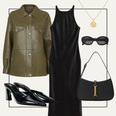 Collage of jacket, mules, bag, sunglasses, necklace, dress