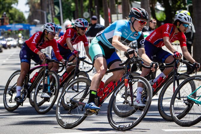 Hagen Berman-Supermint's Lily Williams rides in the blue 'most courageous rider' jersey during stage 3 of the 2018 Amgen Women's Race