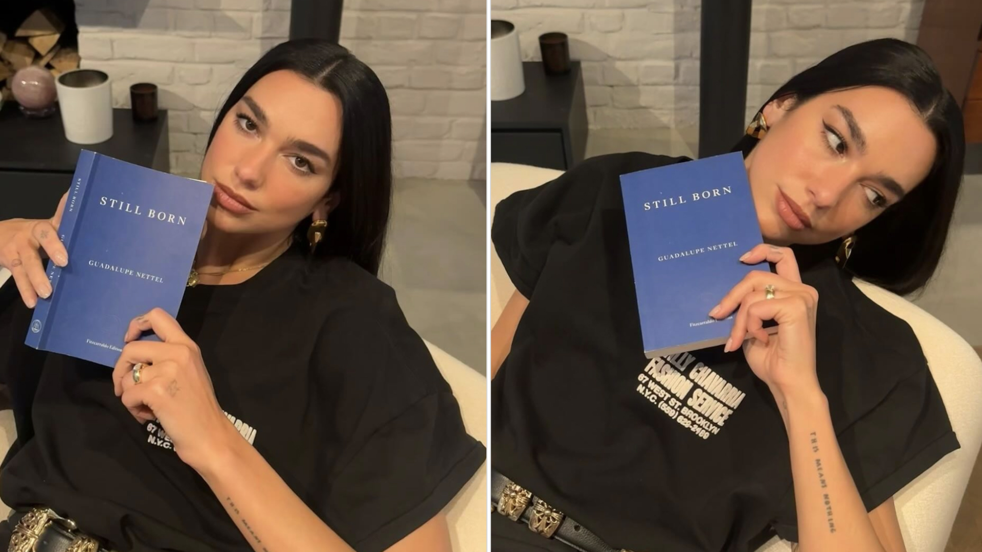Dua Lipa wears a black T-shirt, black high-waisted pants, and a Chrome Hearts belt