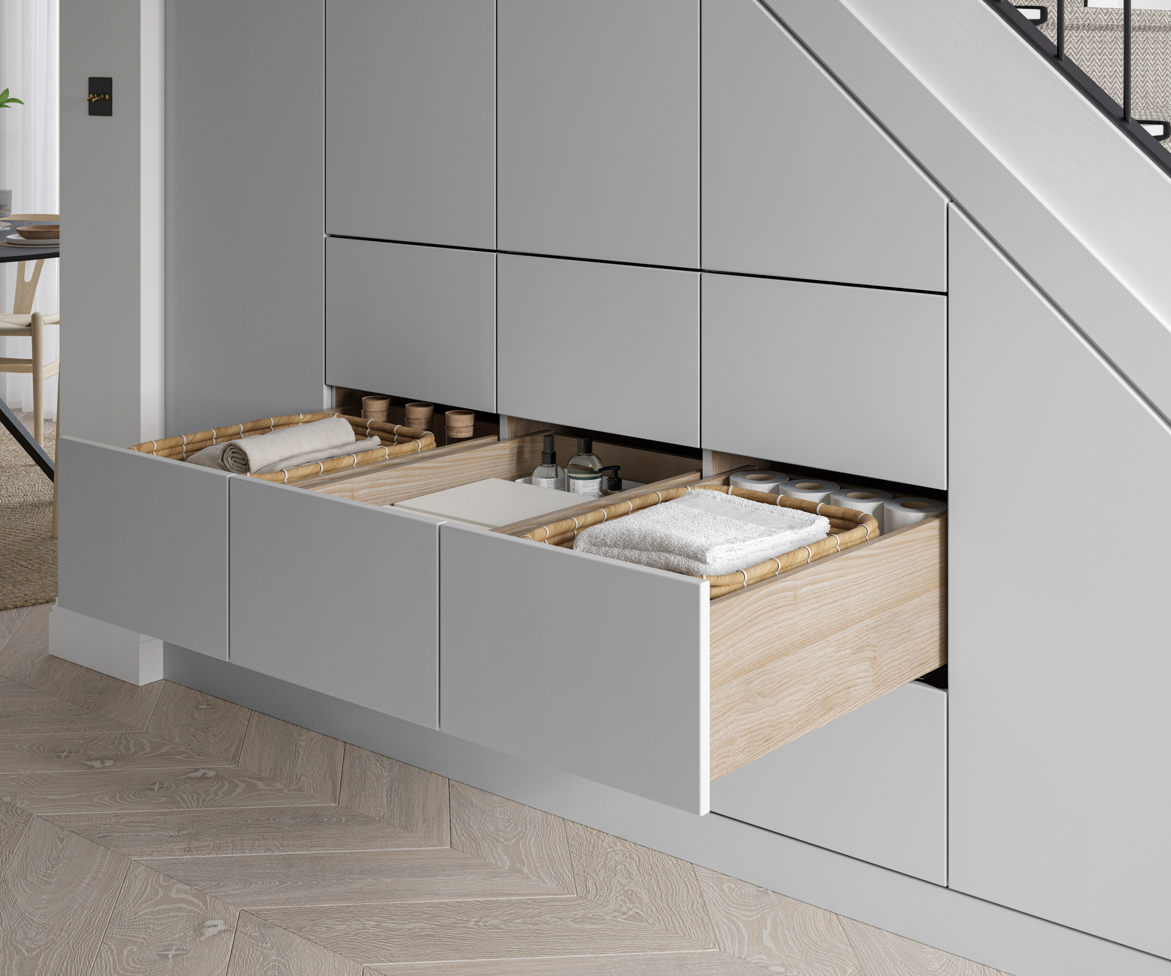 built in storage drawers under stairs