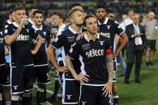 Lazio players show their frustration after defeat to Juventus in the 2017 Coppa Italia final at the Stadio Olimpico.