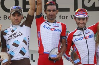 The 2014 Milano-Torino podium: Nocentini, Caruso and Moreno
