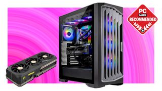 An image of a Zotac RTX 5090 graphics card next to a Skytech Legacy desktop gaming PC, against a multi-colored pink background, with a white border and a PC Gamer Recommended logo.