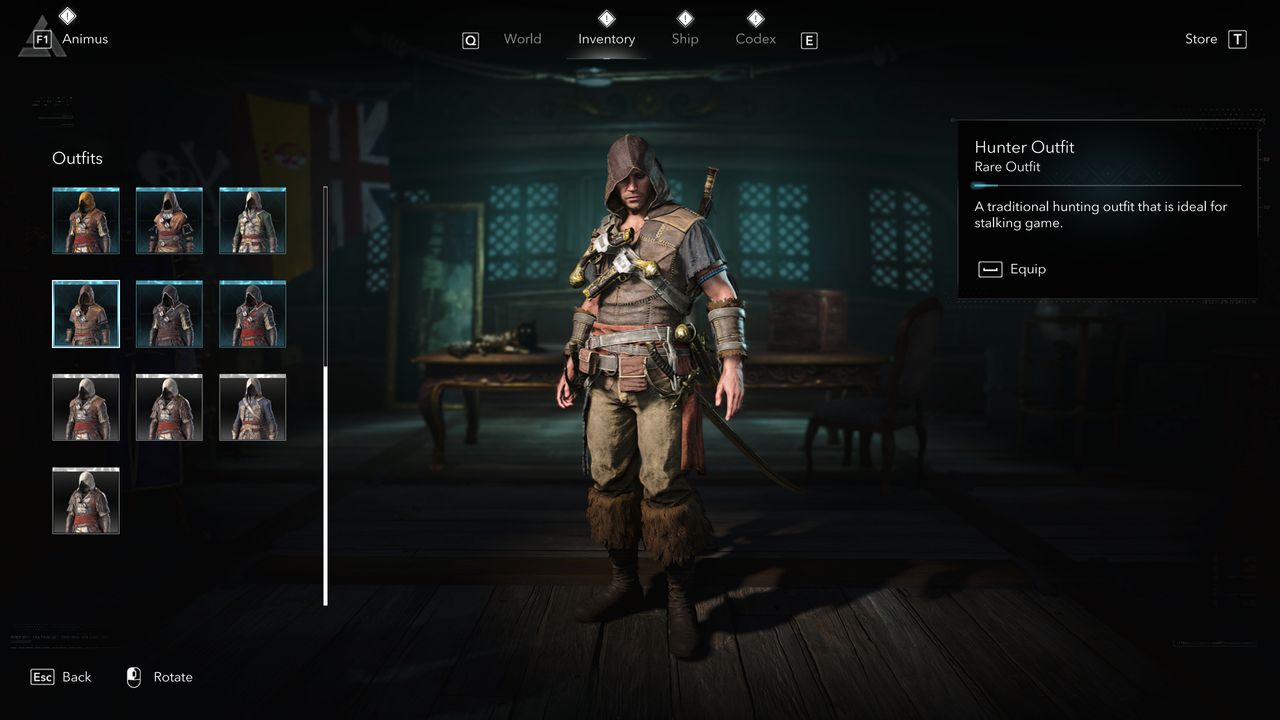 Black Flag outfits: Edward wearing the Hunter Outfit in the inventory menu.