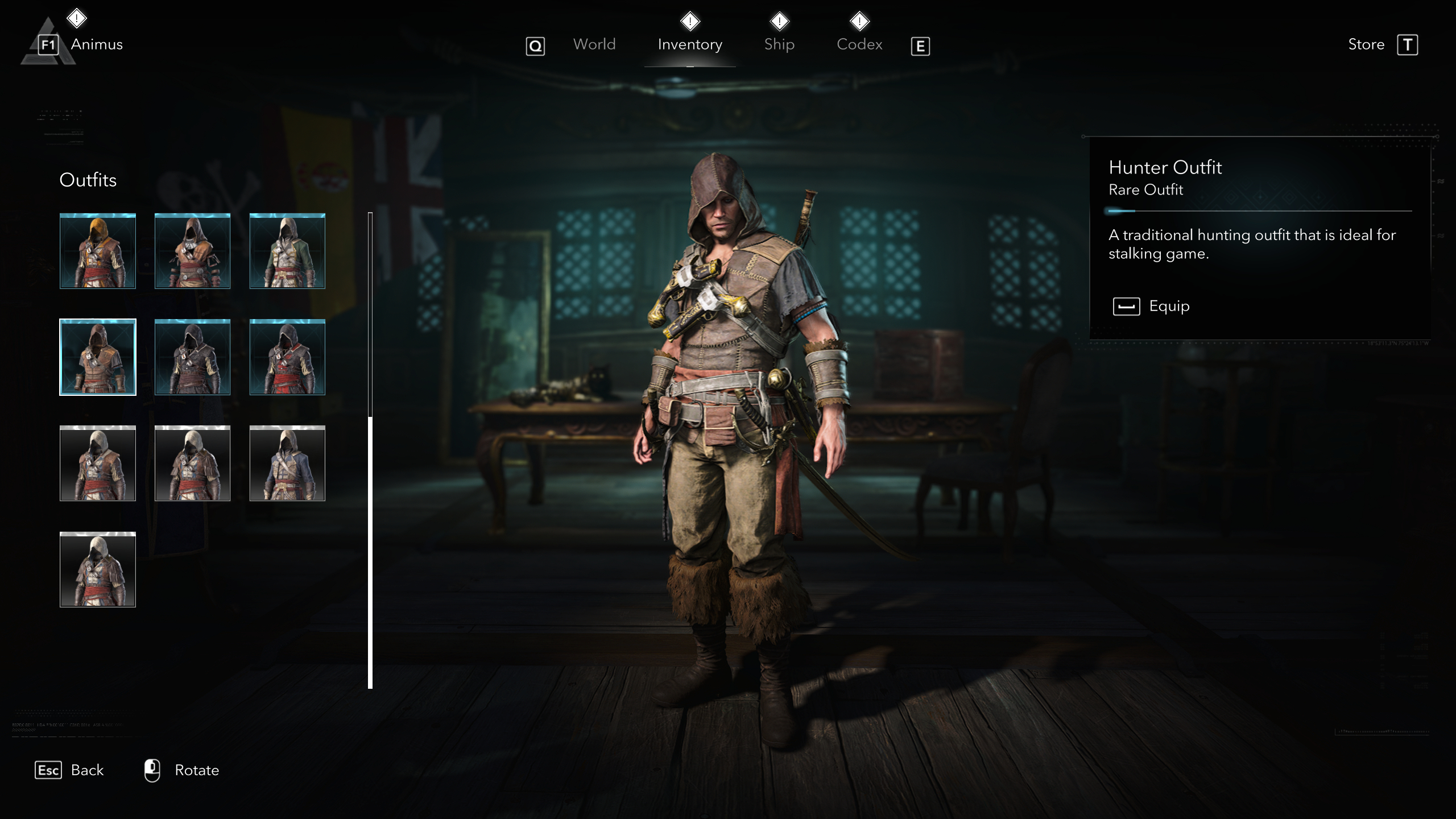 Black Flag outfits: Edward wearing the Hunter Outfit in the inventory menu.