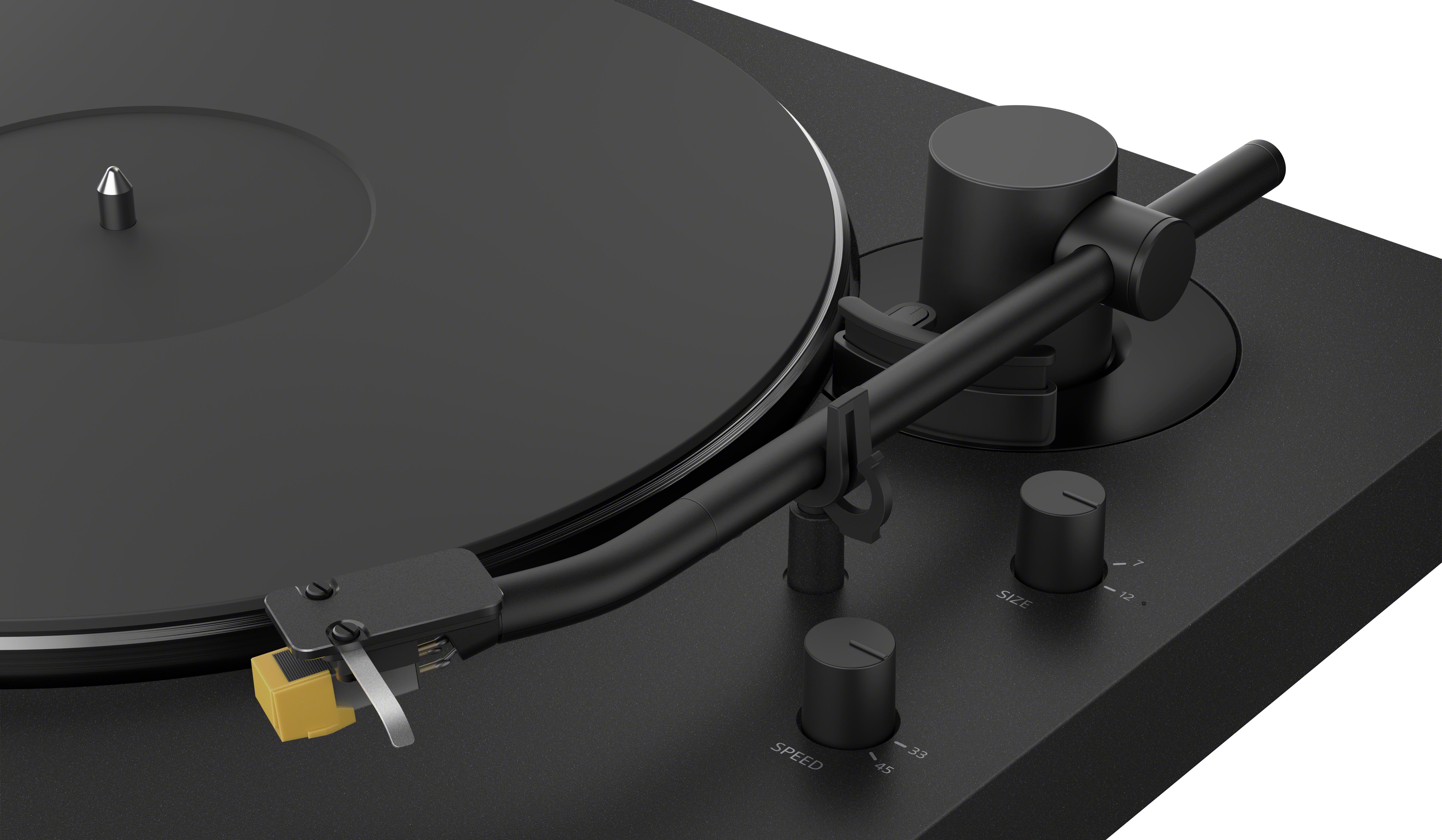 Close up picture of the tonearm, cartridge and speed controls on a Sony PS-LX5BT turntable