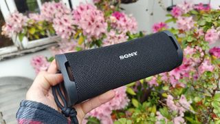 Sony ULT Field 1 wireless speaker held in hand in front of pink flowers