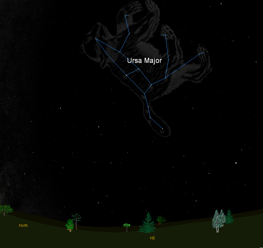 This sky map shows how the constellation Ursa Major, the Great Bear, appears in the night sky from mid-latitudes of North America at about 9 p.m. local time.