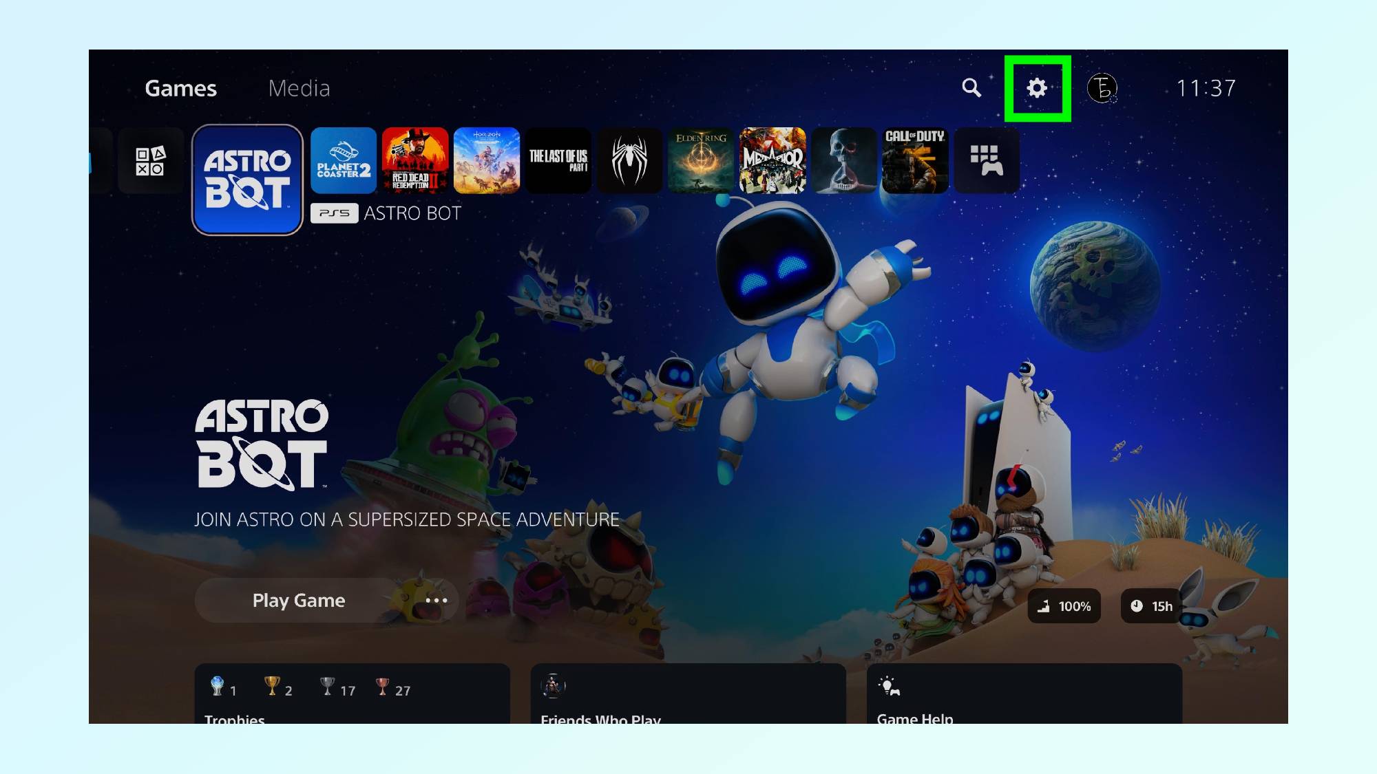 PS5 Pro home screen with Settings menu highlighted