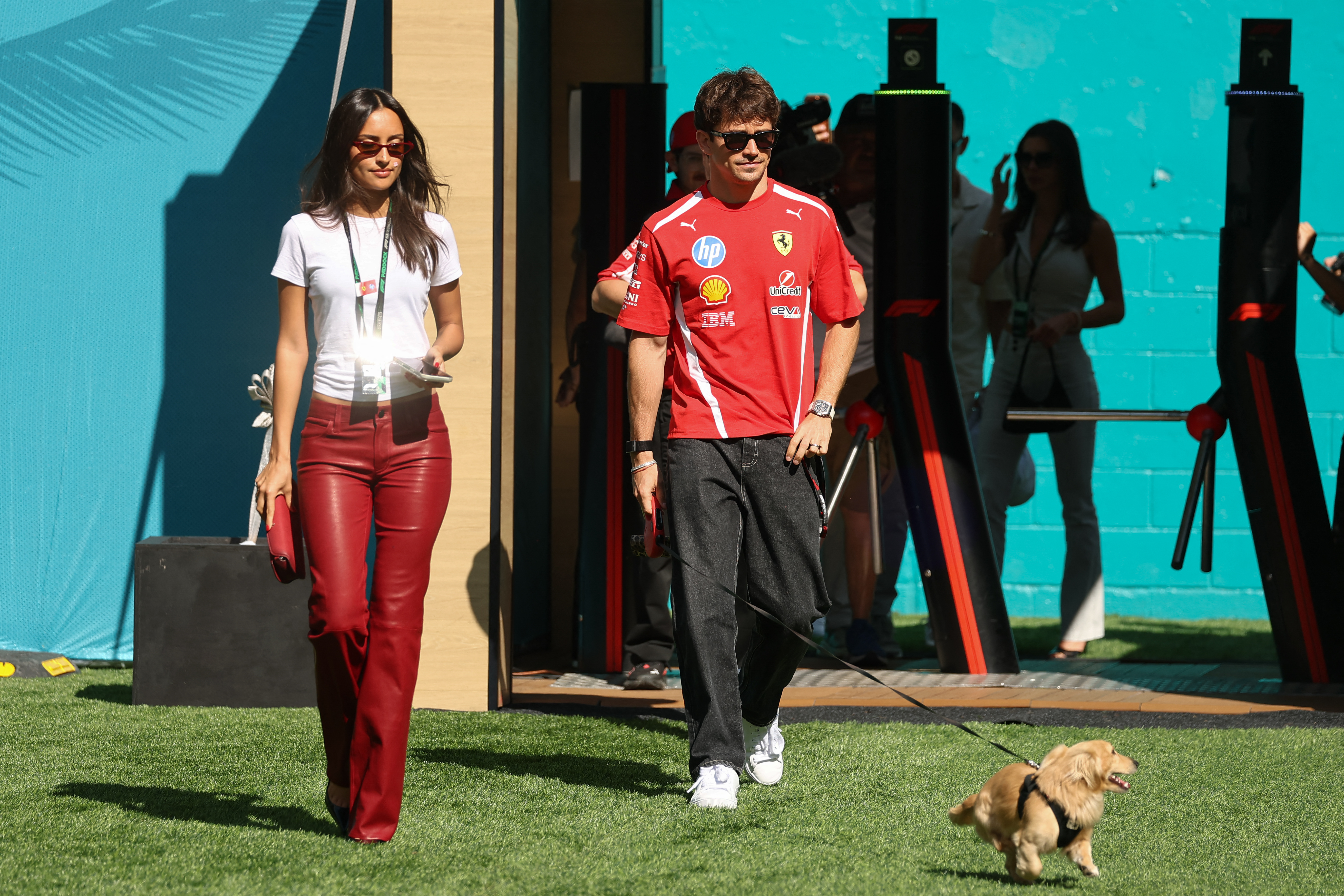 Alexandra Leclerc was spotted at the Formula 1 Grand Prix in red leather pants from Frame