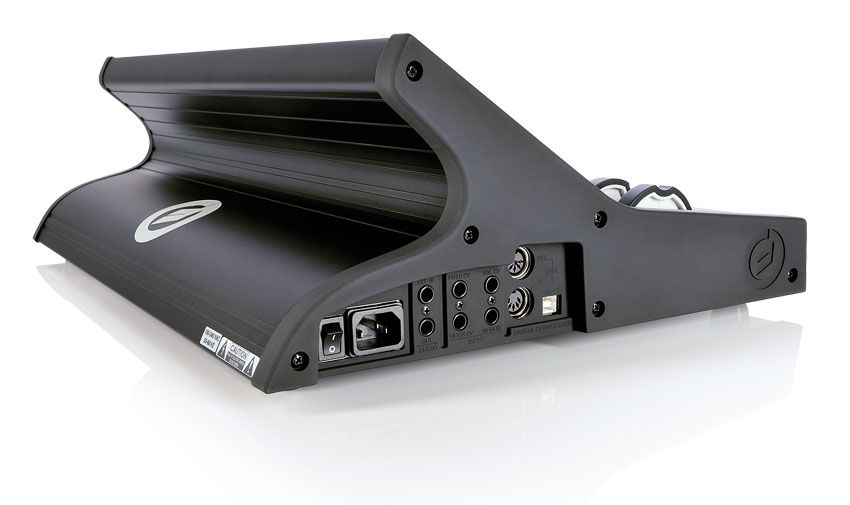 The patch points, including power, audio in/out, CV inputs, MIDI, and USB, are located on the left panel towards the rear of the instrument