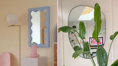 Two types of mirrors, one a blue ripple mirror and the other an organic shaped mirror with a black frame, both in people's homes with pink line separating them