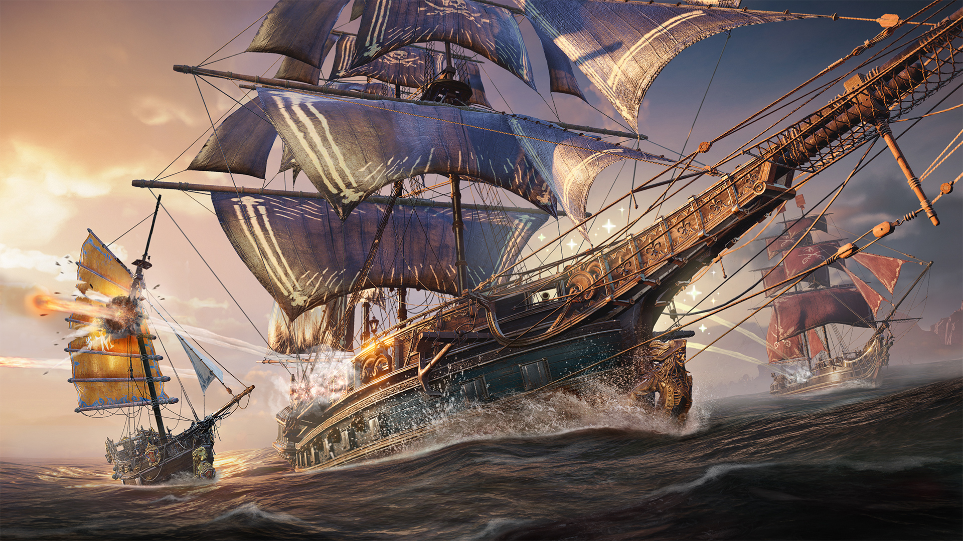 Skull and Bones art of large ship on waves against twilight