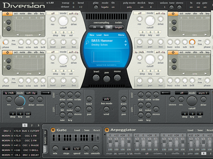 Diversion's Oscillator Effects section enables you to tweak a waveform's shape and hone its sound.