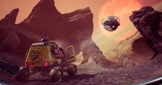 A rover with a door open on an alien planet confronts a robot in The Invincible