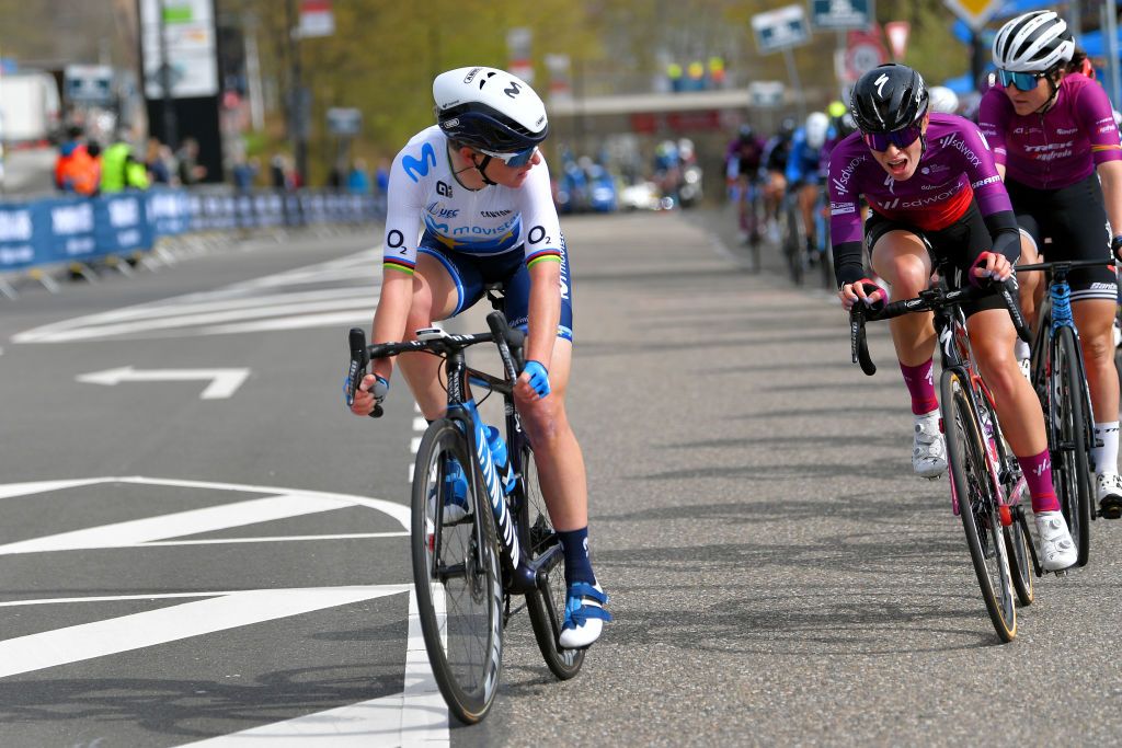BERG NETHERLANDS APRIL 18 Annemiek Van Vleuten of Netherlands and Movistar Team Demi Vollering of Netherlands and Team SD Worx during the 7th Amstel Gold Race 2021 Womens Elite a 1163km race from Valkenburg to Berg en Terblijt Breakaway Amstelgoldrace amstelgoldrace UCIWWT on April 18 2021 in Berg Netherlands Photo by Luc ClaessenGetty Images