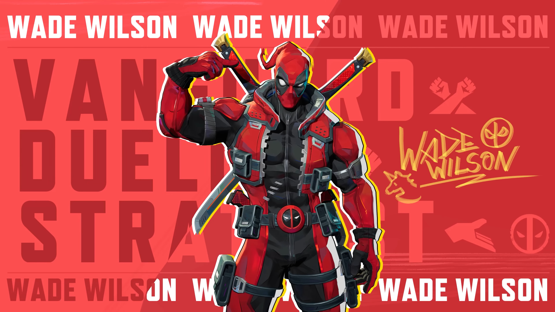 Marvel Rivals Season 6: Deadpool standing pointing at his head, with his real name, Wade Wilson, written in the background, alongside the roles Vanguard, Duelist, and Strategist.