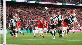 Casemiro of Manchester United scores his side's first goal with a header during the Carabao Cup final between Manchester United and Newcastle United at Wembley Stadium on 26 February, 2023 in London, United Kingdom.
