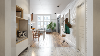 Living area with half wooden flooring and half tiles