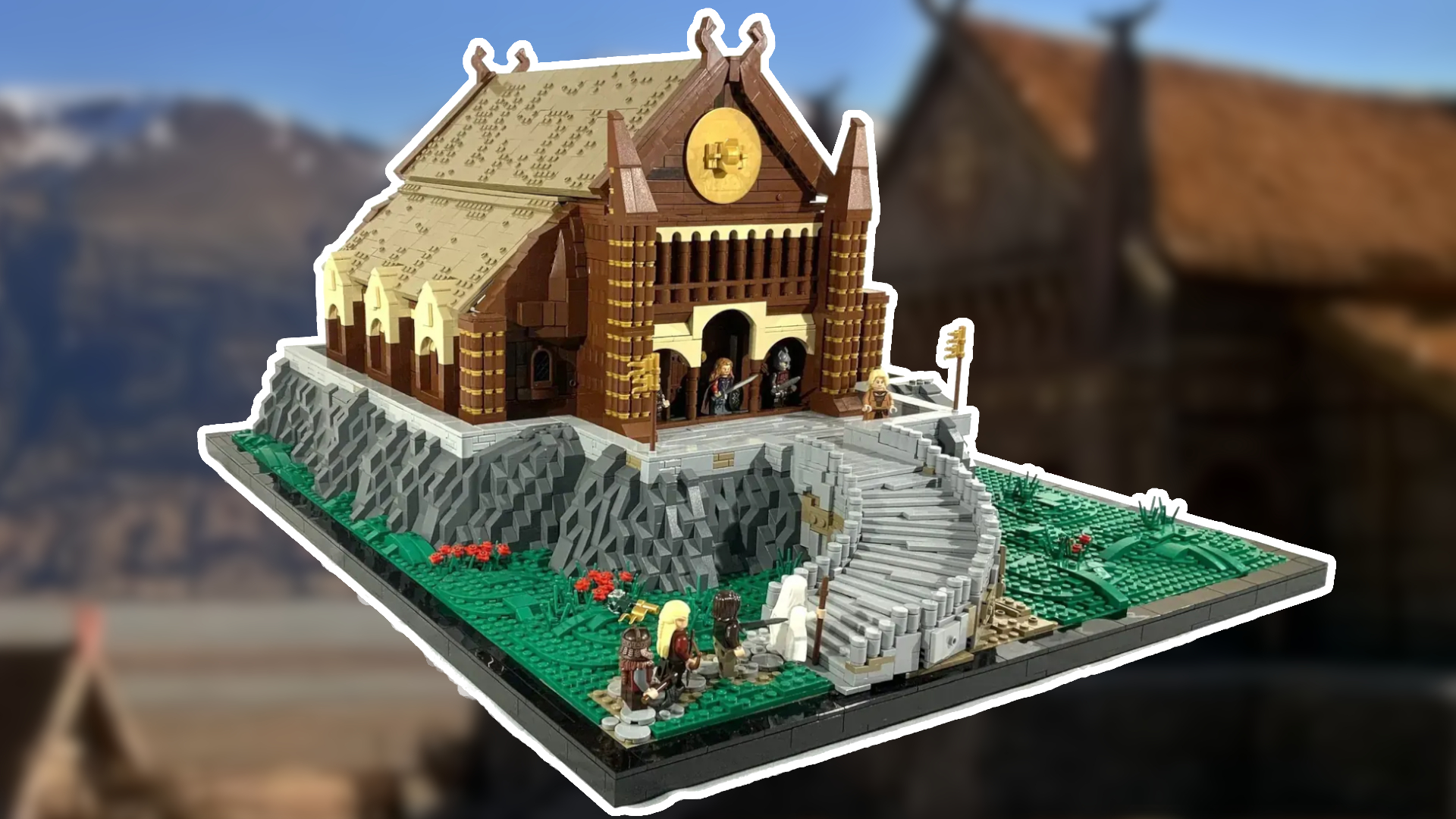 A Lego version of Edoras built by Castlebuilder19 in front of a blurred version of the city as seen on screen