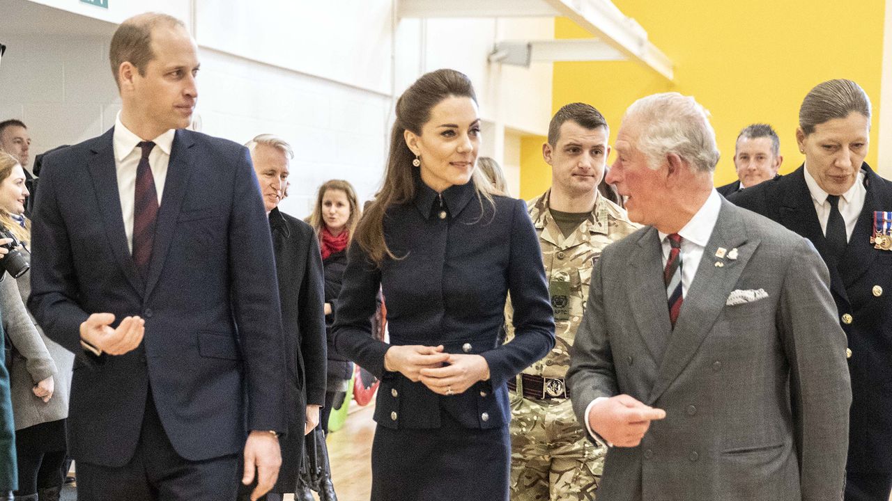 Prince William, Kate Middleton and then-Prince Charles during a joint visit to the defence medical rehabilitation centre (DMRC) Stanford Hall on February 11, 2020 in Loughborough, United Kingdom