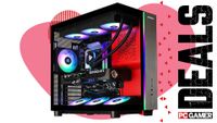 An image of a Stormcraft Phantom desktop gaming PC, against a colorful background with the phrase 'Deals' on the right side, above a PC Gamer logo