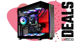 An image of a Stormcraft Phantom desktop gaming PC, against a colorful background with the phrase 'Deals' on the right side, above a PC Gamer logo