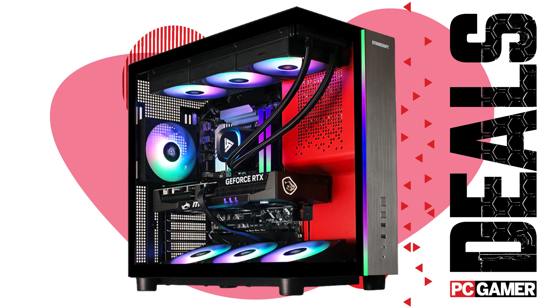 An image of a Stormcraft Phantom desktop gaming PC, against a colorful background with the phrase 'Deals' on the right side, above a PC Gamer logo