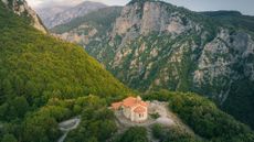 View to Enipeus Gorge over Chapel of Prophet Elias at Mount Olympus National Park near Litochoro