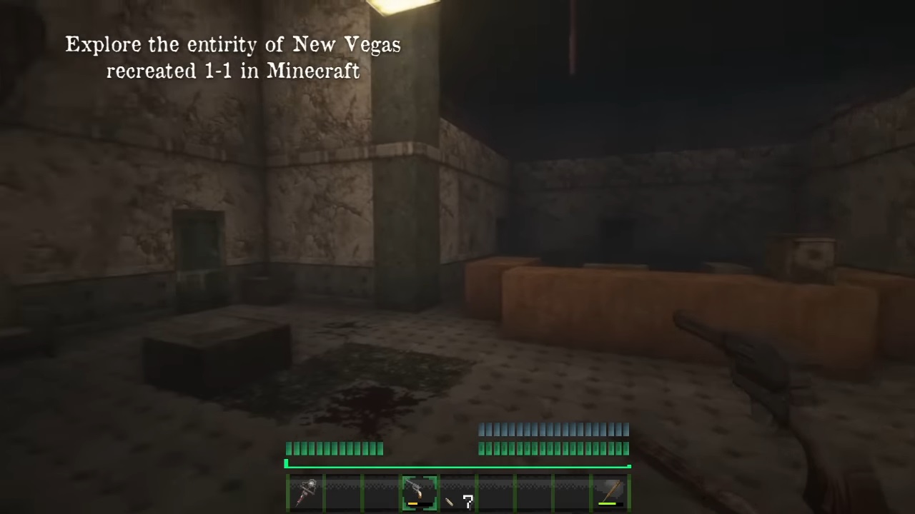 interior view of an abandoned building holding revolver in Minecraft New Vegas