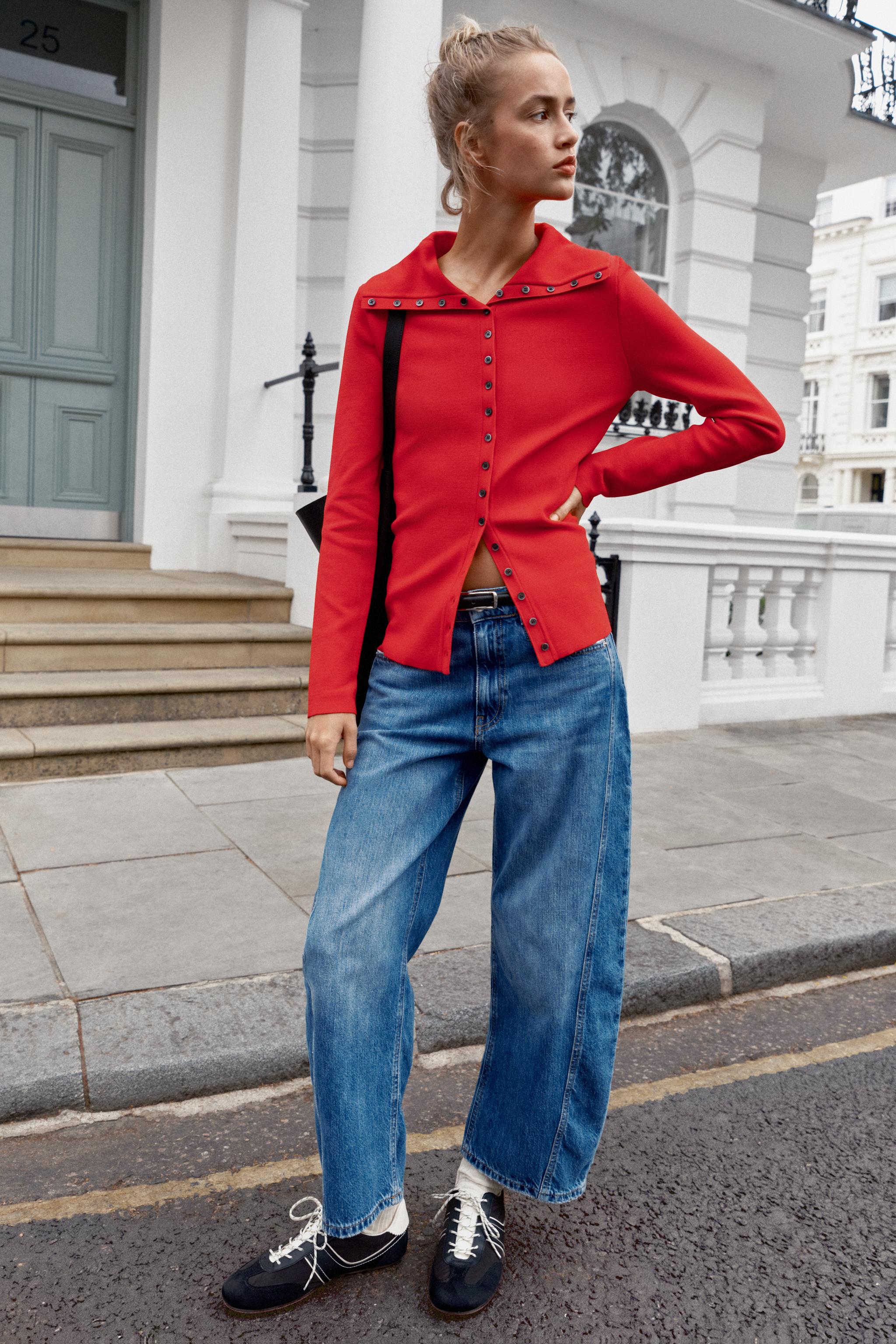 Buttoned Knit Cardigan - Red - S
