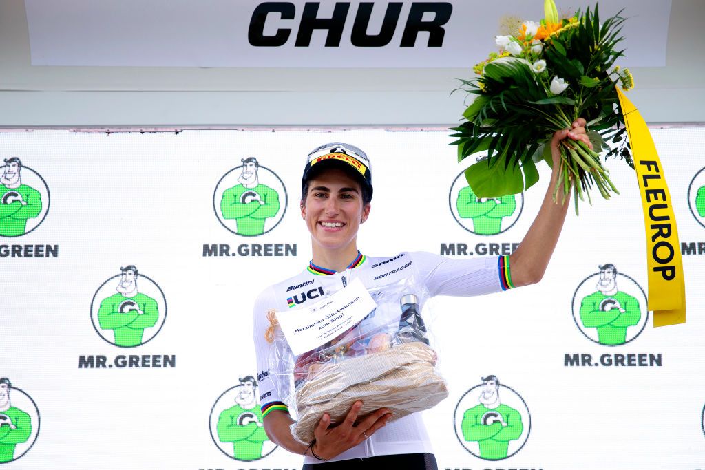 CHUR SWITZERLAND JUNE 20 Elisa Balsamo of Italy and Team Trek Segafredo celebrates winning the stage on the podium ceremony after the 2nd Tour de Suisse Women 2022 Stage 3 a 1242km stage from Vaduz to Chur on June 20 2022 in Chur Switzerland Photo by Heinz ZwickyGetty Images