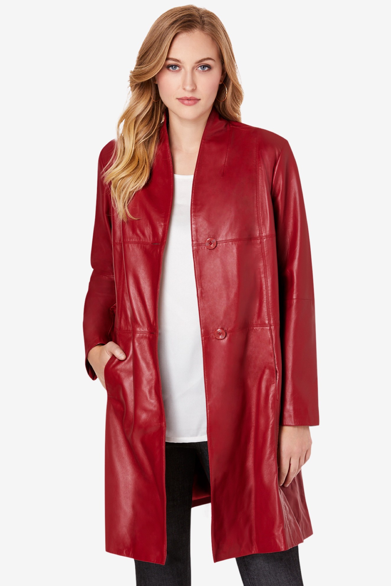 red faux leather coat