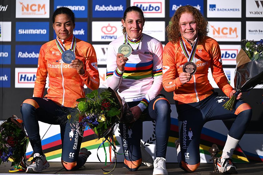 HULST, NETHERLANDS - JANUARY 31: (L-R) Silver medalist Ceylin del Carmen Alvarado and Team Netherlands, gold medalist Lucinda Brand and Team Netherlands and bronze medalist Puck Pieterse and Team Netherlands pose on the podium during the medal ceremony after the the 77th UCI Cyclo-Cross World Championships 2026 - Women&amp;apos;s Elite on January 31, 2026 in Hulst, Netherlands. (Photo by Luc Claessen/Getty Images)