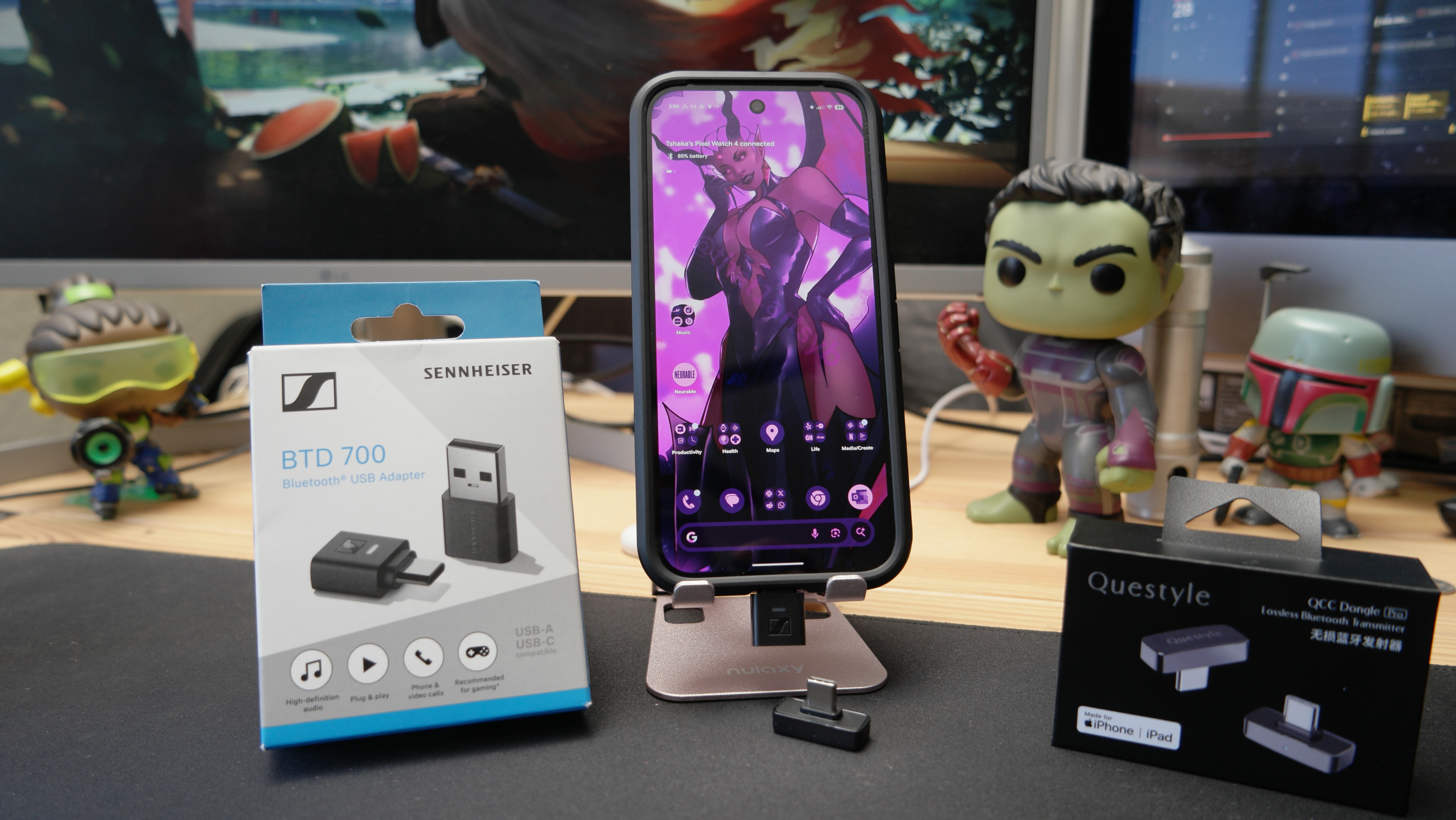 Sennheiser BTD 700 and Questyle QCC Dongle Pro on a desk