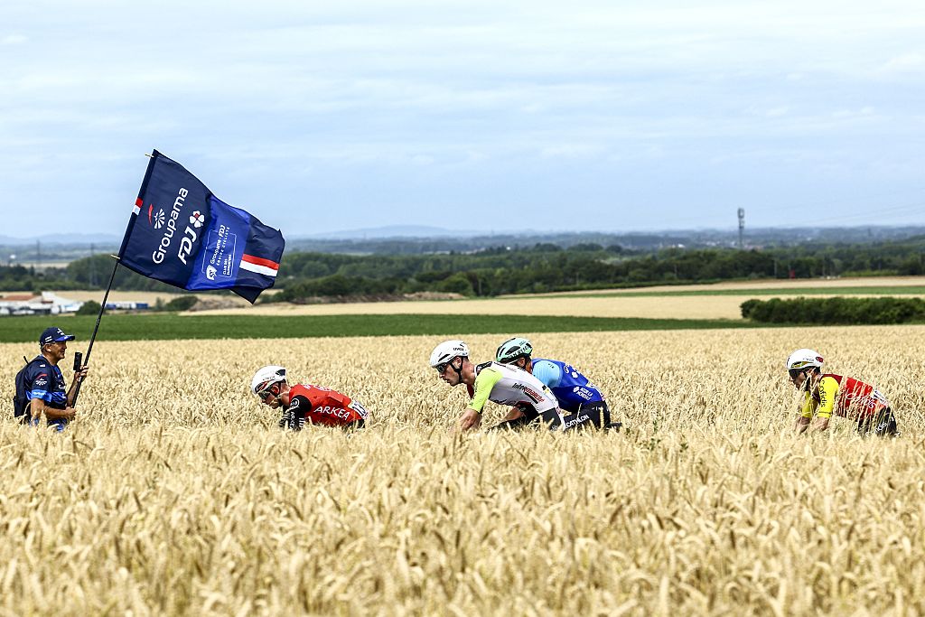 The breakaway group pictured during the first stage, Lille Metropole to Lille Metropole (185 km), of the 2025 Tour de France cycling race, in Lille, France, on Saturday 05 July 2025. The 112th edition of the Tour de France starts on Saturday 5 July in Lille, France, and will finish in Paris, France on the 27th of July. BELGA PHOTO DAVID PINTENS (Photo by DAVID PINTENS / BELGA MAG / Belga via AFP)