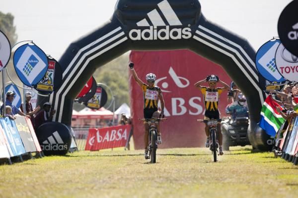 Stage winners and overall leaders Christoph Sauser and Burry Stander of 36One Songo Specialized celebrate winning stage 1 of the 2011 Absa Cape Epic Mountain Bike stage race held from Saronsberg Wine Estate in Tulbagh, South Africa on the 28 March 2011