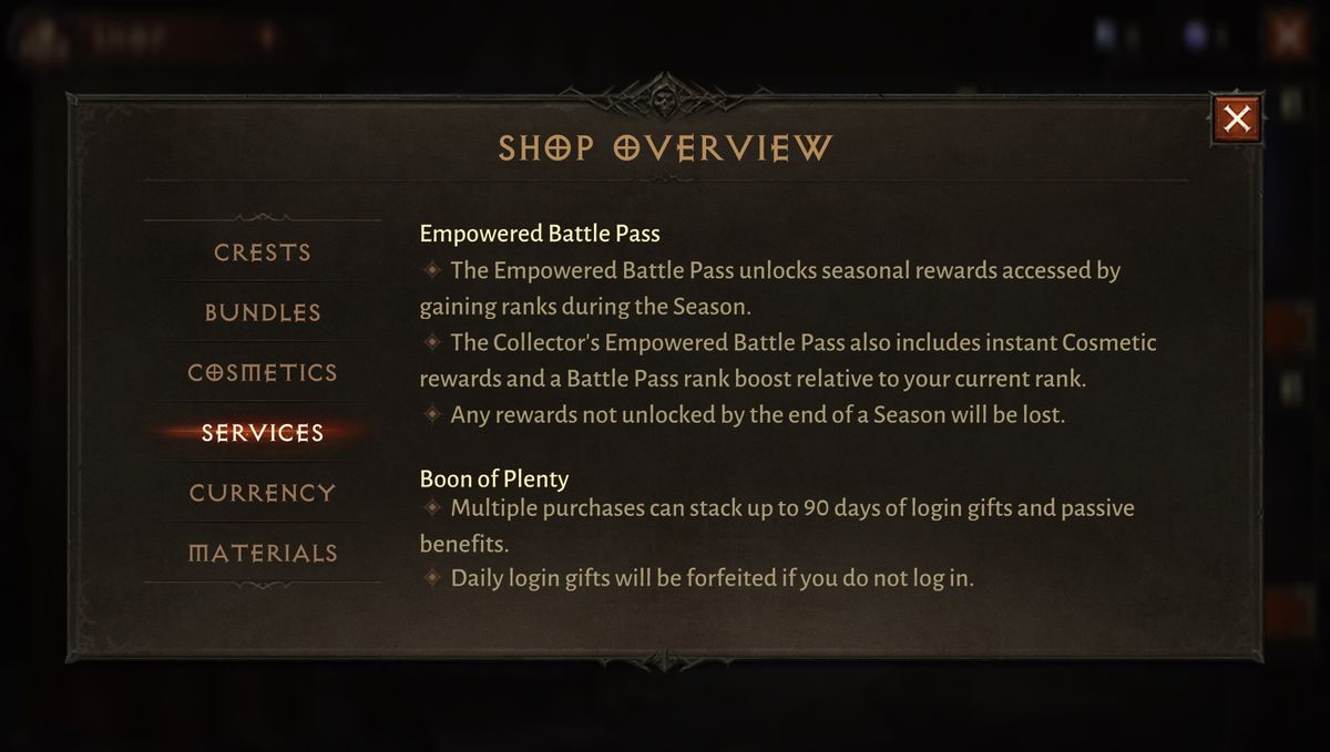 Diablo Immortal shop screens