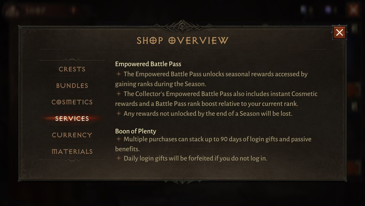 Diablo Immortal shop screens