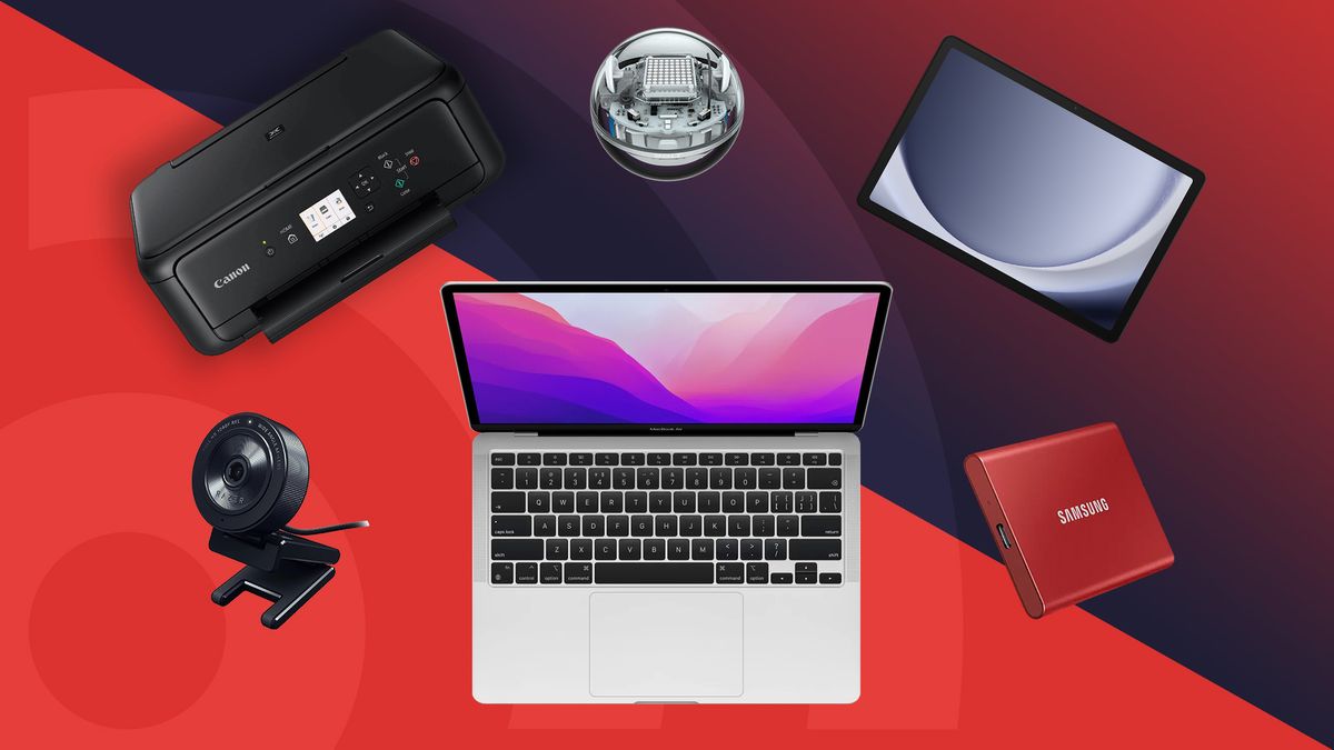 Razer Kiyo webcam, Apple MacBook AIr 2020, Samsung T7 portable SSD, Samsung Galaxy Tab A9+, Sphero Bolt and Canon Pixma printer on red and black background