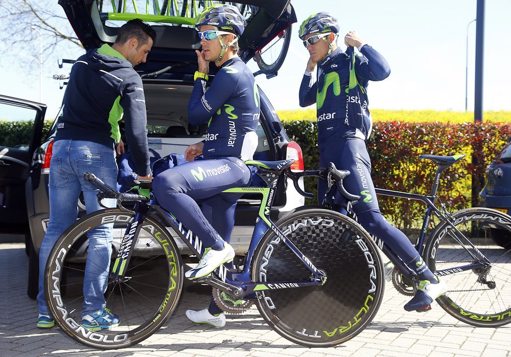 Movistar riders get ready for their training ride.