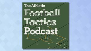 The logo of the The Athletic Football Tactics Podcast podcast on a blue background