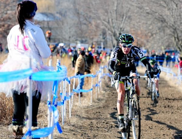 Nicole Duke riding in second place ahead of her Cyclocrossworld.com teammate Kaitie Antonneau
