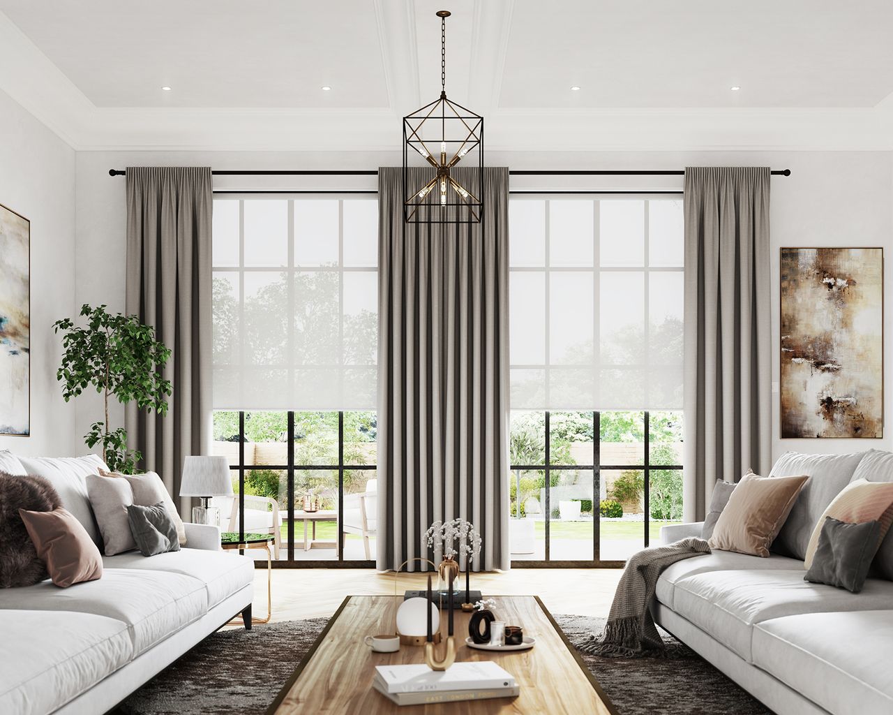 Big window curtain ideas with white sheer curtain under heavier gray curtains in the living room
