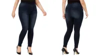 a side-by-side of a woman wearing the Style & Co Plus Size Jeggings, one of w&h's best plus-size leggings picks, at two different angles