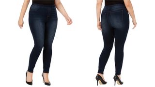 a side-by-side of a woman wearing the Style & Co Plus Size Jeggings, one of w&h's best plus-size leggings picks, at two different angles