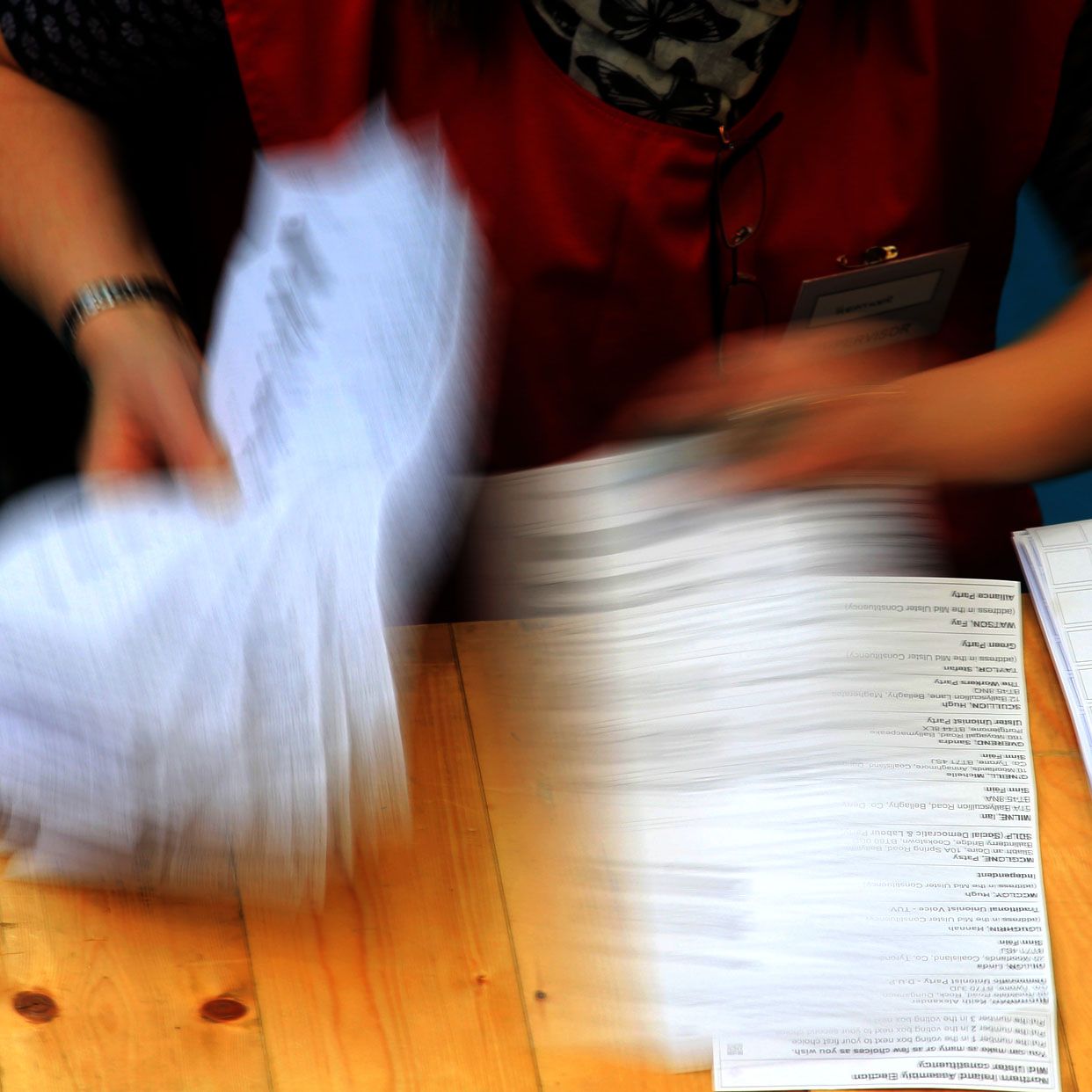 Ballots are counted by count staff at the Mid-Ulster count for the Northern Ireland Assembly elections in Ballymena, Co Antrim, Northern Ireland, on March 3, 2017. Northern Ireland has voted 