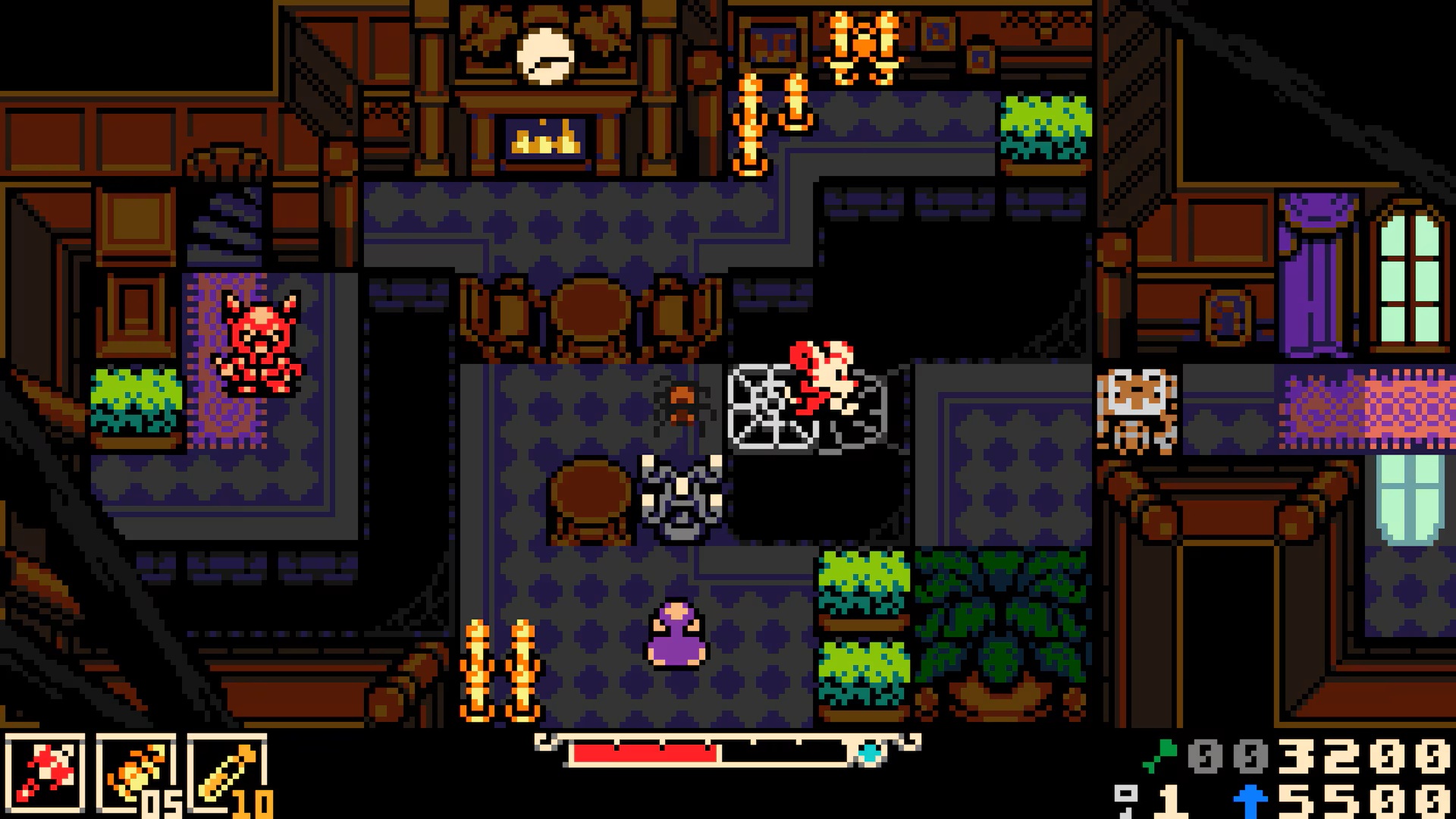 In Mina the Hollower, the mouse protagonist Mina ventures through a stately home illuminated by lit candles and an armored foe can be seen