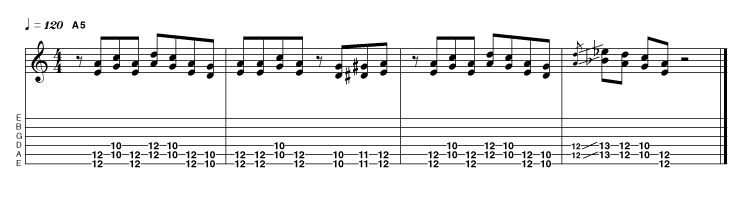 Here's a Blackmore-inspired riff . The pentatonic scale works great when played in double-stops, as this phrase demonstrates. Needless to say, you should get to work with ideas of this nature throughout all of the remaining positions.